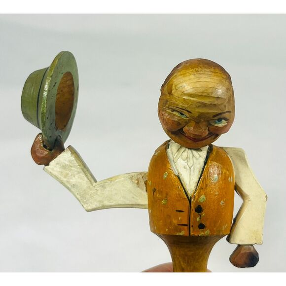 Vintage Anri Italian Wooden Bottle Stopper Man Tipping Hat Cork Hand Carved - Picture 2 of 10